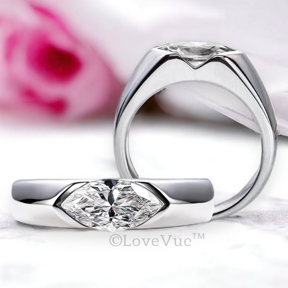 Certified 1ct. t.w. Moissanite Diamond Marquise Cut Unisex Engagement Ring VVS1 - Picture 1 of 16